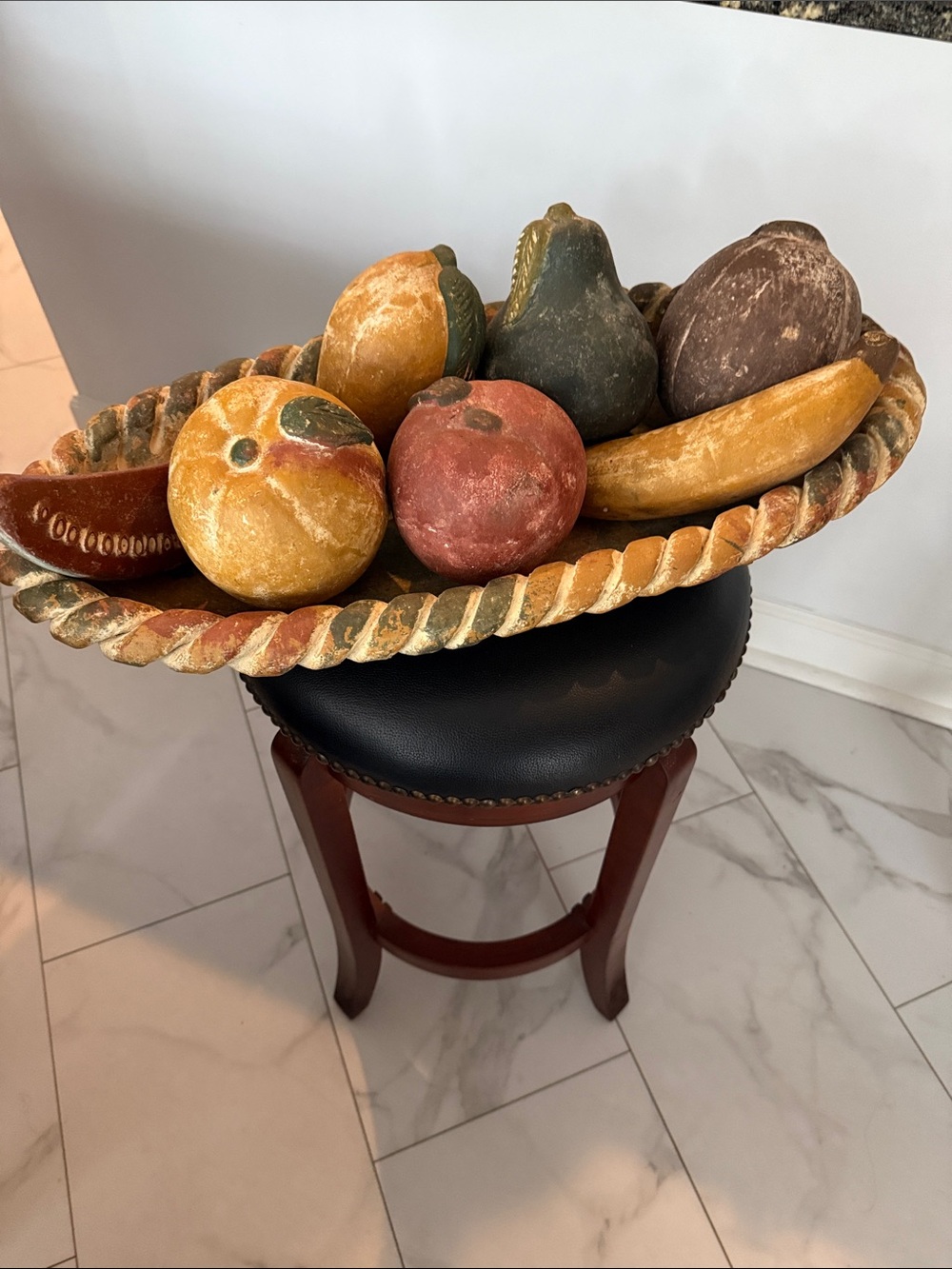 Large oval vintage Mexican folk art terra-cotta clay fruit bowl.